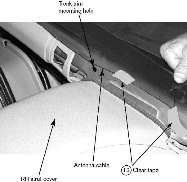 350Z Coupe (RH) Trunk view Trunk trim mounting hole 36. Apply 16 butyl gum at both ends of the clear tape.