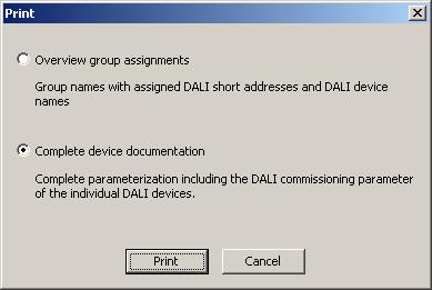 The plug-in of the DALI Gateway also permits the printing of the entire device configuration including the project design of the groups, the scene configuration and all DALI commissioning parameters