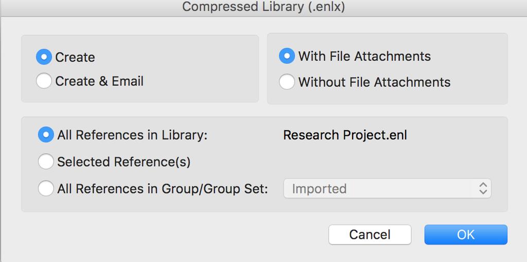 4. In this instance, select Create, With File Attachments and All References in Library. 5. Click on Next. 6. You ll be asked where you want to save your compressed Library.