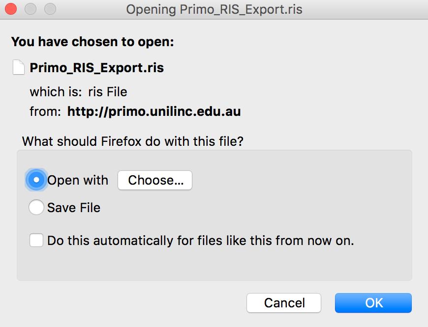 For Chrome users: At this point Chrome will download a file named Primo_RIS_Export.ris 1. Drag and drop the downloaded file to the EndNote application icon on the Dock 2.