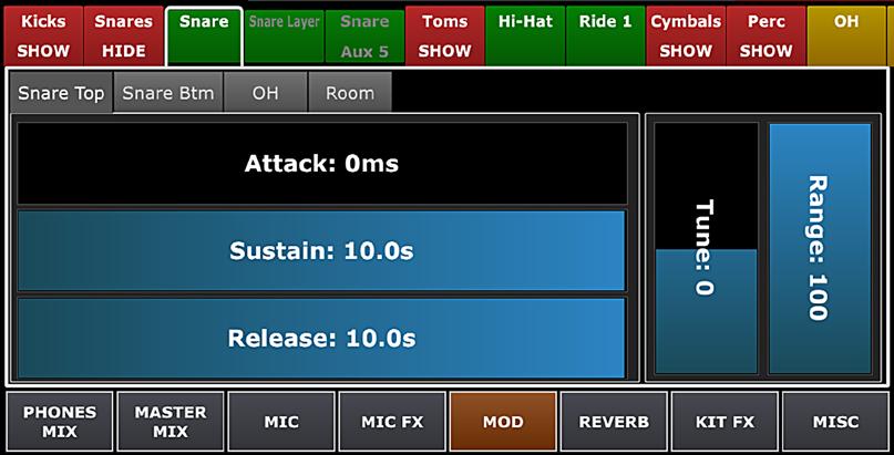 MIC, MIC FX, MOD, REVERB IN KIT PRESETS (continued) MOD ADJUSTMENTS WITHIN KIT PRESETS MOD section in the Mimic Pro Mixer screen is another important part of working on a kit preset.