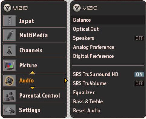Adjusting the Audio Settings When viewing a DTV / TV or an HDMI, Component, AV, or PC source, the following audio adjustment OSD screens are available when you press MENU/SELECT on the remote control.