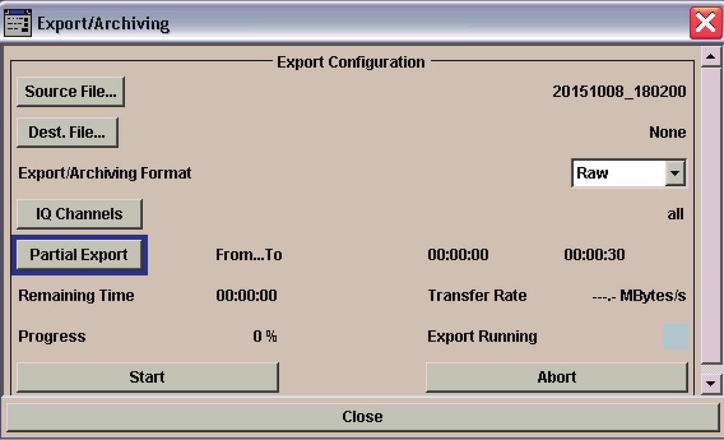 Export and import of I/Q data The R&S IQR-K101 option allows an R&S IQR I/Q data file in binary file format to be output to an external USB storage device such as a USB hard disk drive.