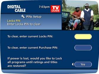 Parental Locks and Purchase PINS Parental Locks allow you to restrict viewing and purchases of TV programming based on your viewing preferences.