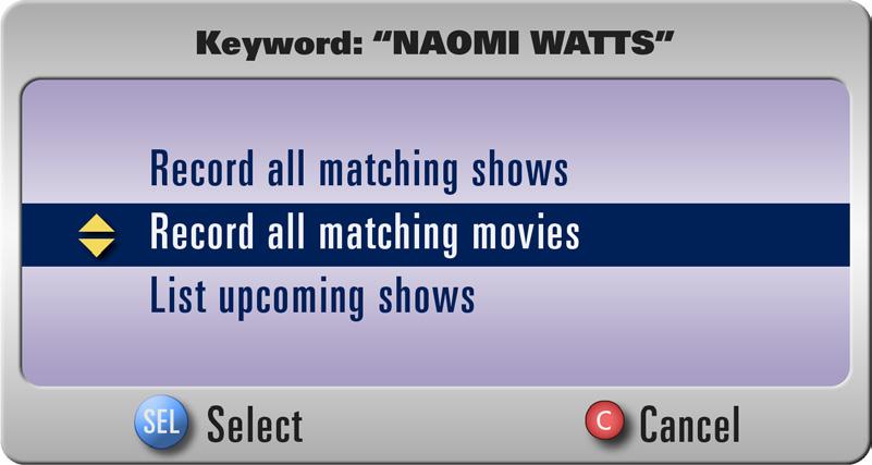 Cast & Credits lets you schedule an auto-recording or see other listings with that specific actor: Select all matching shows to continuously record all movies and programs Select all matching movies