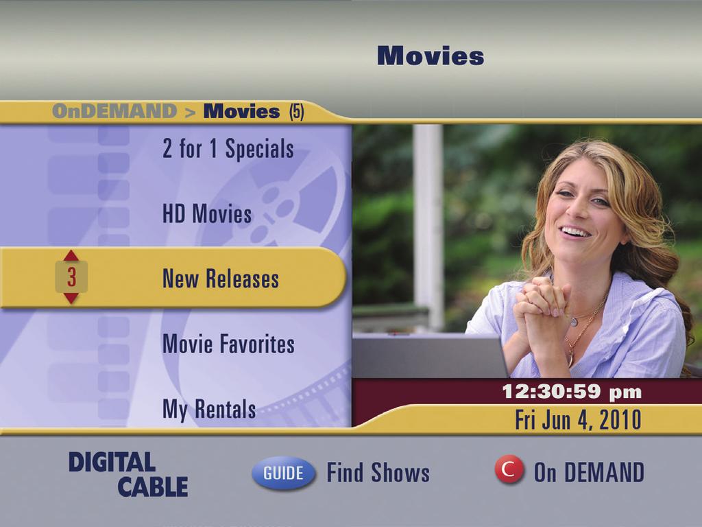 accessing on demand movies step 1 Access the main On Demand menu from your remote. You have a variety of choices including free programming, premiums, and movies.