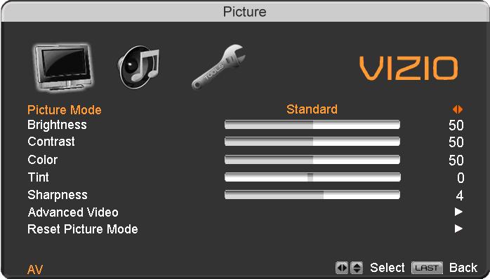 3.13 Video Input Picture Adjustment The Picture Adjust menu operates in the same way for Video Inputs (Component and AV) as for the DTV / TV input in section 3.6.
