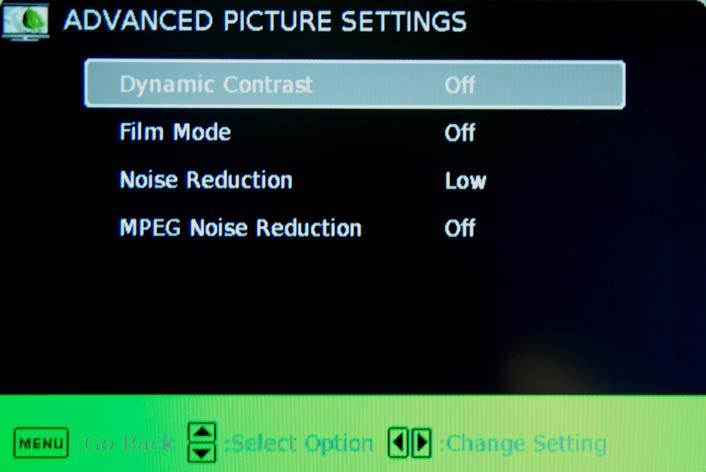 V. ADVANCE PICTURE SETTINGS Please Note: i. DYNAMIC CONTRAST This feature allows the TV to automatically adjust the contrast of the TV depending on the picture you are viewing. ii.