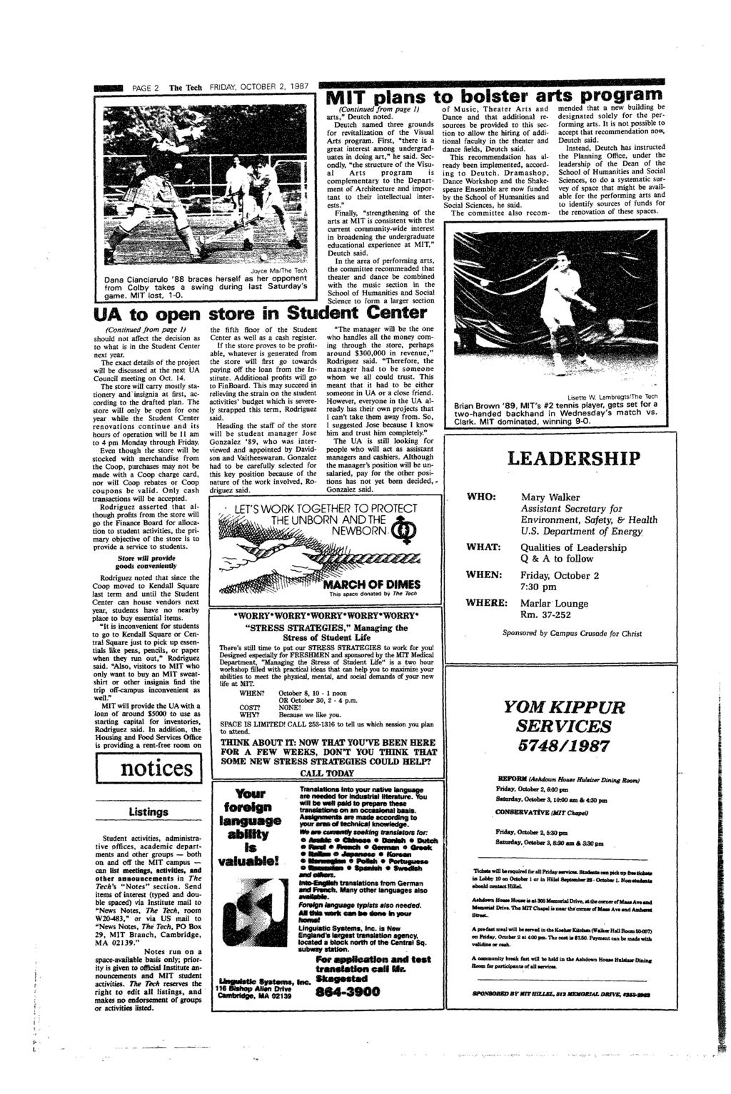 1- _~ PAGE 2 The Tech FRDAY, OCTOBER 2, 11987 Dana Cancarulo '88 braces herself from Colby takes a swng durng -game. M\T lost, 1-0.