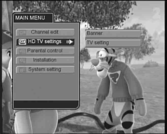 HDTV Setting menu allows the user to set miscellaneous parameters for audio and video outputs.