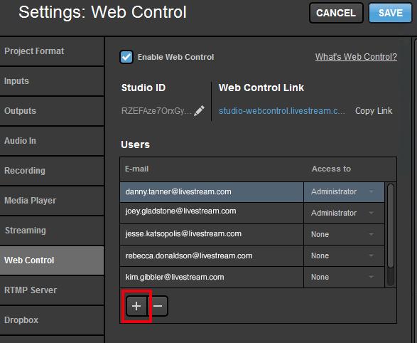 or any ios devices. Add a User to Studio Web Control In your Livestream Studio system, go to Settings > Web Control.