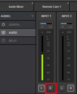 To adjust the levels of AUDIO1 or any audio source, click and drag the corresponding fader. If audio levels are too high, the mixer s OVR meter for any overmodulating source will blink red.