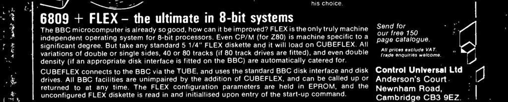 for. CUBEFLEX connects to the BBC via the TUBE, and uses the standard BBC disk interface and disk drives.