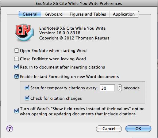 H. Turning ON/OFF instant formatting for NEW Word documents 1. To turn CWYW ON (or OFF if you do not want documents formatting as you go) click on Cite While You Write Preferences in the EndNote menu.