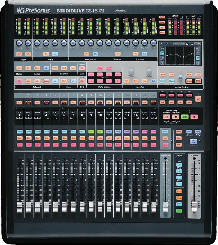 Lamp socket USB port AVB Port Balanced Left/ Right Monitor Outputs Footswitch port 18 100mm, touch-sensitive motorized faders: 16 Channel, 1 Flex, 1 Master Control StudioLive RM AI mix systems of up