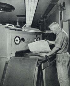 2. Trays of type from the linotype machine being proofed and assembled. Once proofed the stories were matched with headings in larger-sized type from different machines and moved to page forms. 3.