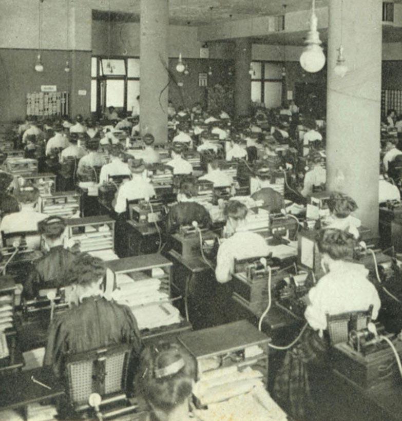Stenographers transcribing dictation using the graphophone, 1906 Sears, Roebuck Stenographic Department, Chicago Dictaphone Time-Master advertisement, c.