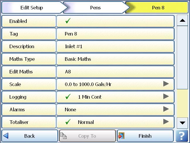 Pen Set up for Totalization The totalizer is set up under the Pens configuration in the recorder and will totalize the signal that has been tied to that particular pen in the Edit Maths Pen selection.
