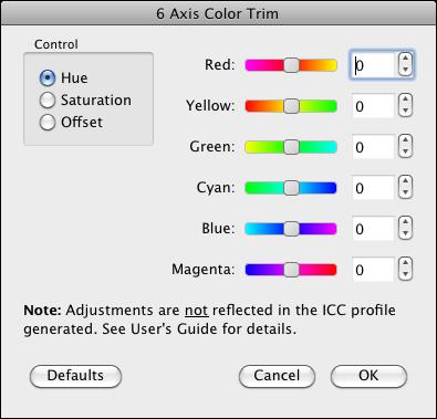 Dialogs, Settings, and Options 14 6 Axis Color Trim The 6 Axis Color Trim dialog is accessed from the Edit menu in the Picture Mode panel.