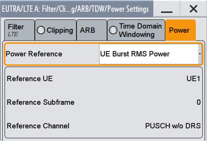 Basic operation Fig. 3-8: LTE Power Settings It defines the reference of the Level display in the SMx status bar. It is the power reference for all tests.