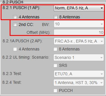 Performance requirements for PUSCH (Clause 8.2) corresponding parameters. Please note that this is handled via a second baseband inside the SMx. Fig. 3-35: Parameter for PUSCH test 8.2.1 Fig.