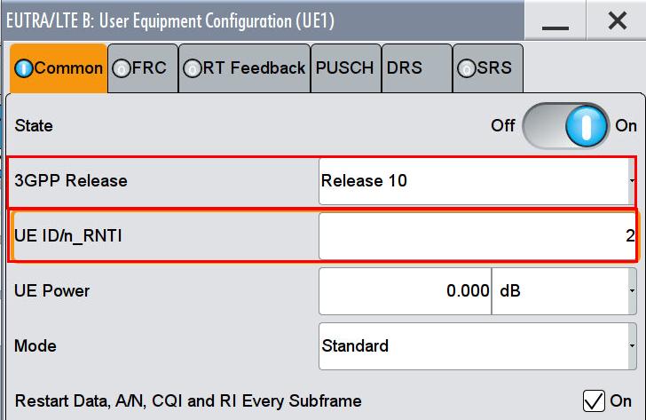 Performance requirements for PUSCH (Clause 8.2) Fig. 3-51: Setting UE2 Configuration for the stationary UE (Baseband B) 7. In the tab FRC, activate FRCState.