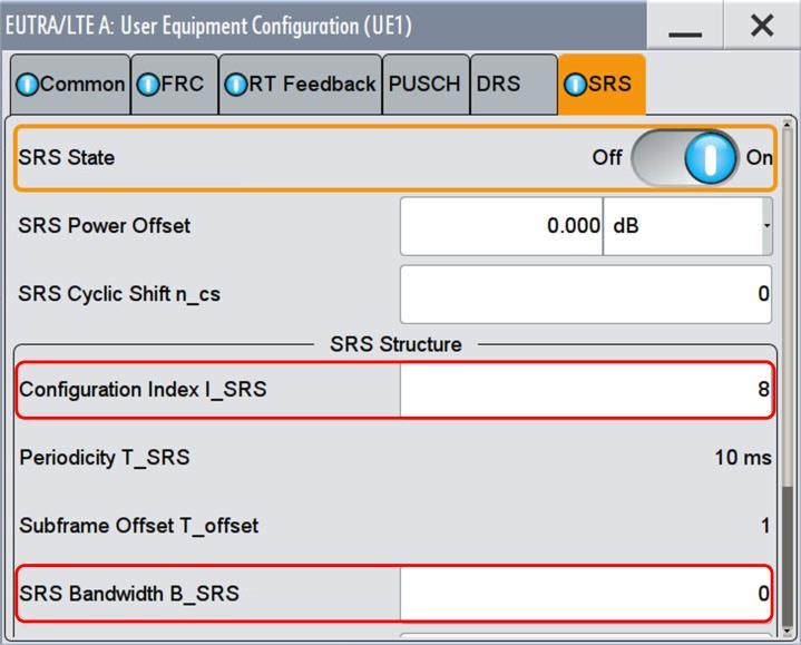 Ensure that SRS Bandwidth B_SRS is set to 0. Fig. 3-54: Setting the SRS parameters in the UE 10.