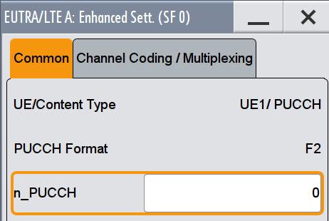 Performance requirements for PUCCH (Clause 8.3) Fig. 3-86: PUCCH with format F2 in subframe 0 7. Click in column Enhanced Settings Config 8. Set the resource index n_pucch to 0. (Fig. 3-87) 9.