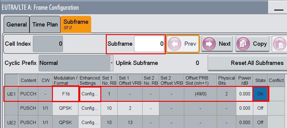 Performance requirements for PUCCH (Clause 8.3) Fig. 3-107: Set two configurable PUCCH subframes 5. Click tab Subframe 6. Set for the PUCCH the Format to F1b and the state On (Fig. 3-108) Fig.