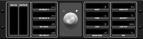 The higher the density, the greater the number of sound reflections. SPREAD controls how the reflection is distributed through the envelope of the reverb.