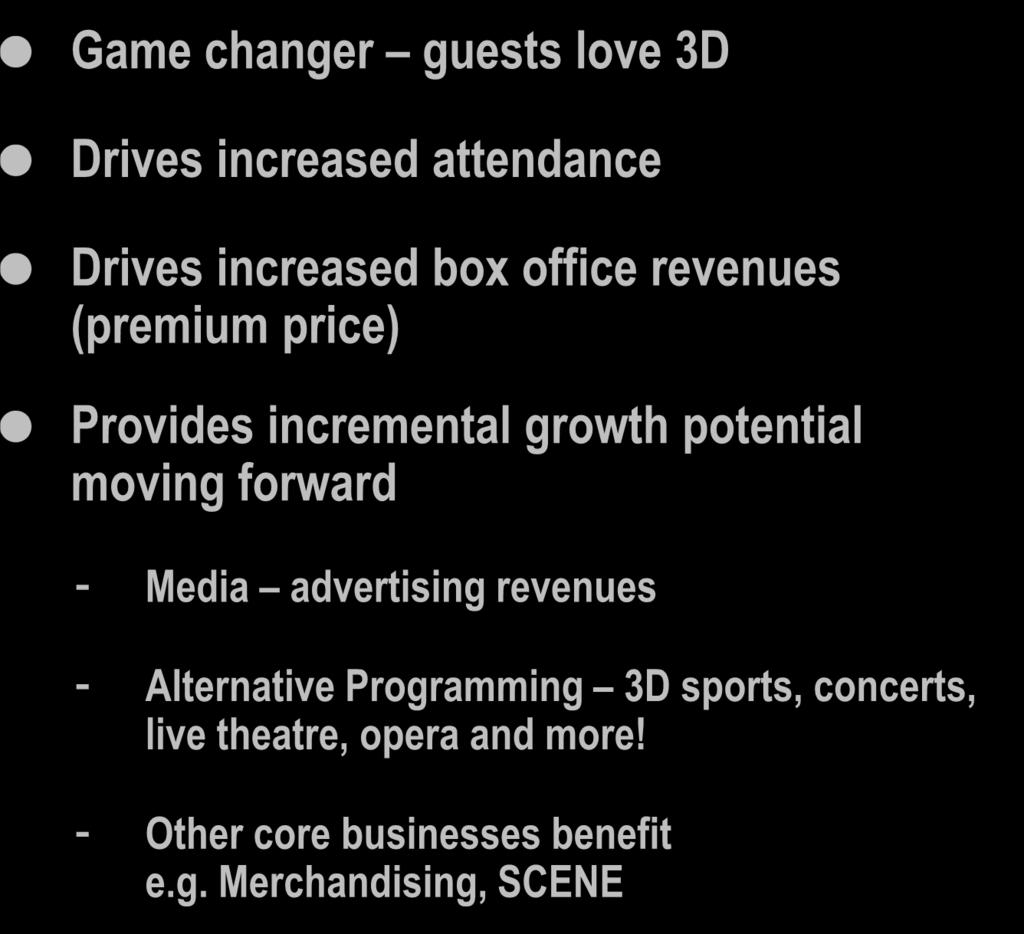 3D Impact 2008 2009 Full Year 2010 % of Total Box Office Revenues from IMAX and 3D 3.4% 14.4% 28.