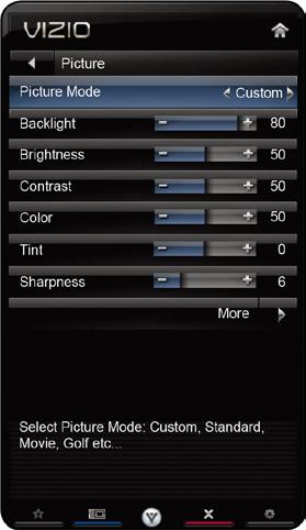 5 Adjusting the Picture Settings Your TV display can be adjusted to suit your preferences and viewing conditions. To adjust the picture settings: 1. Press the MENU button on the remote.