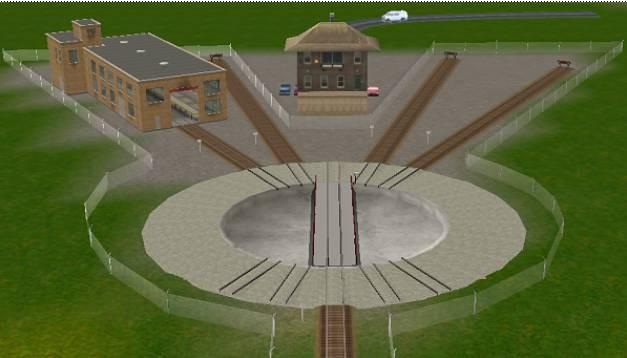 As you can see, the engine facility has grown a bit, with two more stub tracks at turntable stops 1 and 23. In addition, I did away with the fueling track and substituted a tower instead.