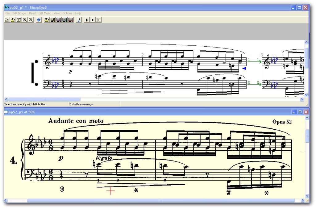 Figure 1: The SharpEye OMR software showing the printed score (lower panel) and the result of the recognition software (upper panel).