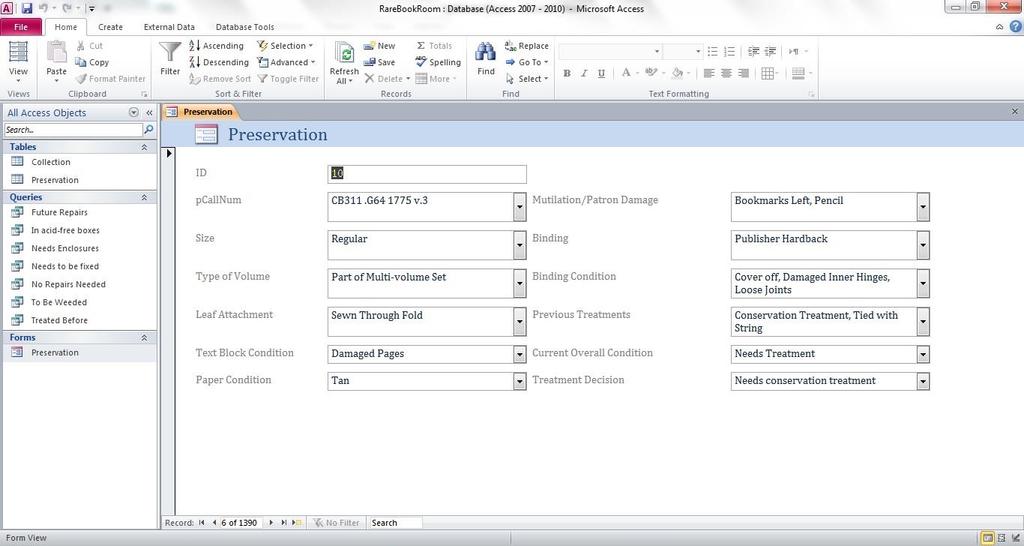30 Figure 4 Screenshot of the Preservation form in Microsoft Access.