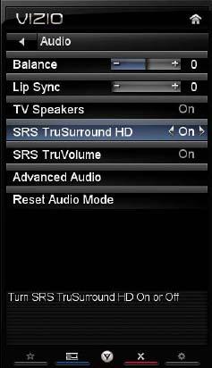 connectors on the side of the HDTV. 3. Turn on the power to the HDTV and Receiver/Amp. Turning TV speakers off 1. Press MENU to open the OSD. 2. Navigate to TV Settings if it is not highlighted. 3. Press to choose Audio, and then press OK to select.