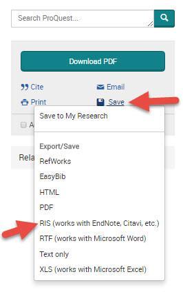 Exporting Citations to EndNote (see instructions for EndNote for information on how to use this program) When you have an article you wish to add to your EndNote library, click on the Save link to