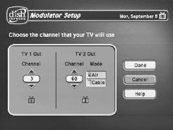 Connecting the Receiver to the Phone Line 1. Press MENU-6-1-5 to open the Modulator Setup screen. 2. For TV1 Out, highlight the number under TV1 Out. For TV2 Out, skip to step 4. 3.