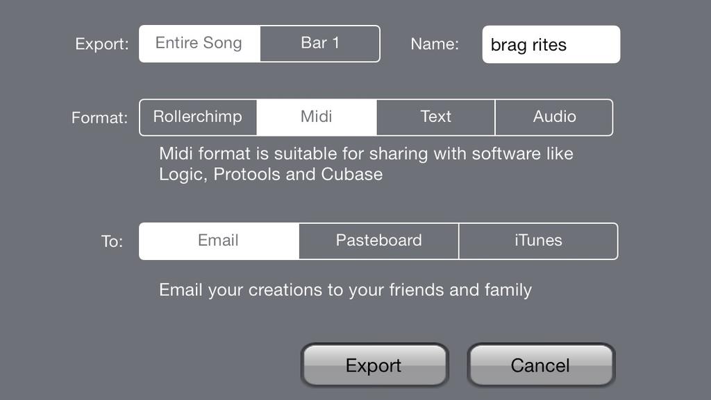 EXPORT SONG Songs can be exported in a large variety of formats.