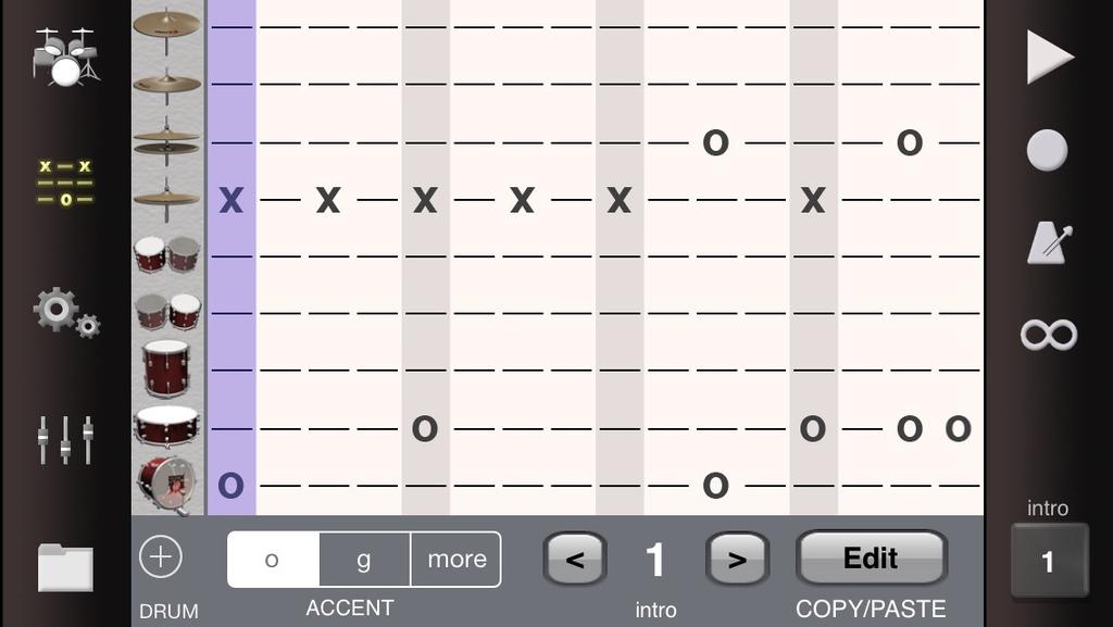 EDITOR The editor is the heart and soul of DrumStudio. The selected drums are arranged in rows and a 'TAB' style of notation is used to place drum hits into the time grid of the current bar.
