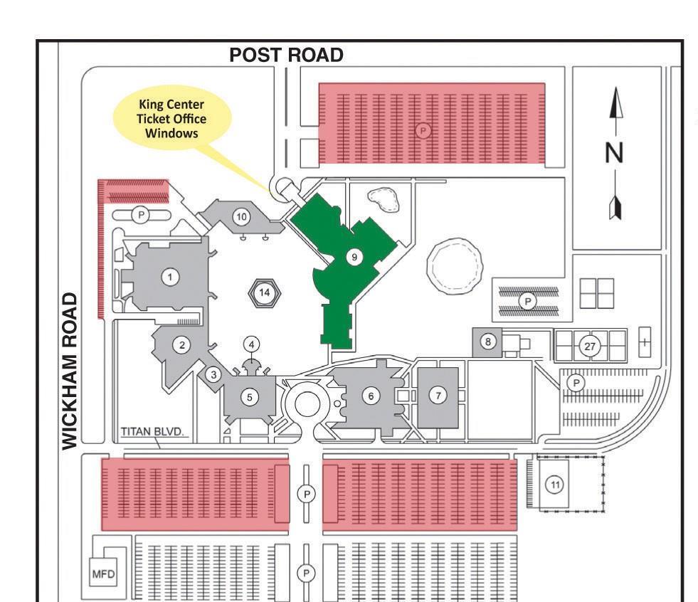 FACILITY PARKING MAP The King Center is located on the corner of Post and Wickham Roads in Melbourne, Florida.