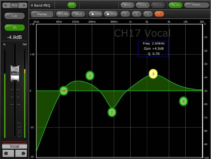 5.2 PARAMETRIC EQ EDITING (The screenshot above shows the EQ Editor screen with V4 CL console firmware.