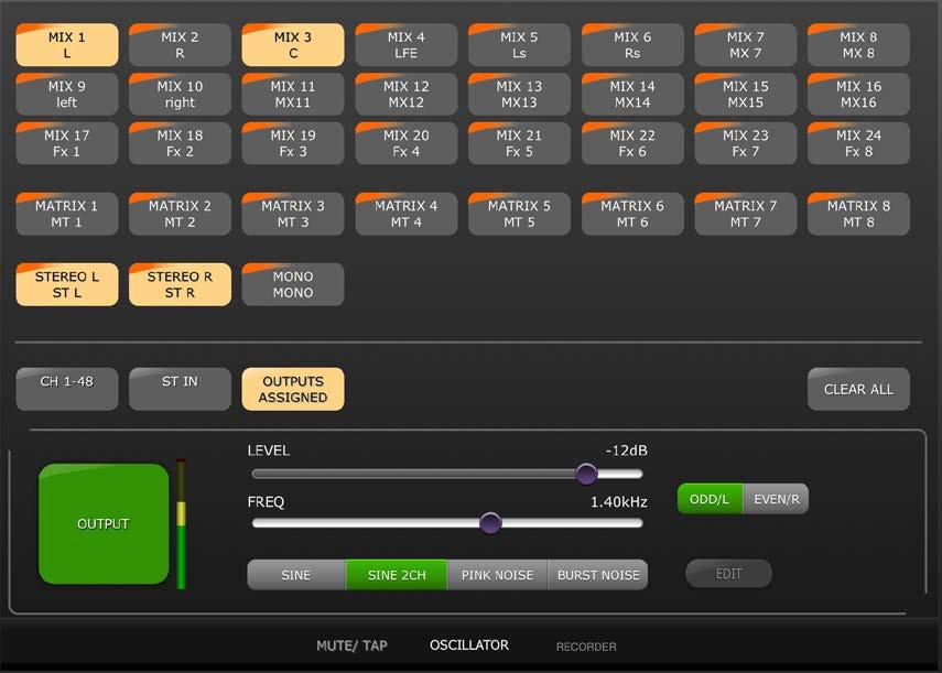 7.3 OSCILLATOR The OSCILLATOR screen in the UTILITY mode allows you control all aspects of the Oscillator in the CL series console. 7.3.1 Oscillator Assign In the top part of the screen, an array of buttons allow you to assign the Oscillator output to any channel or bus in the console.