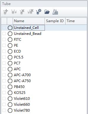 Load the corresponding unstained or single color sample fluorospheres or cells and select in the Acquisition panel. e.