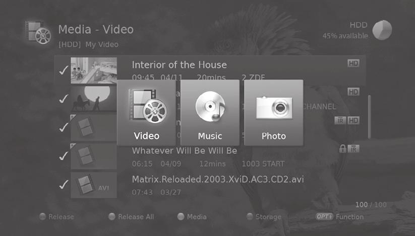 Media List You can retrieve video, music or photo files from the built-in hard disk drive, the USB storage devices, or with DLNA compliant devices. You can access Media List in several ways.