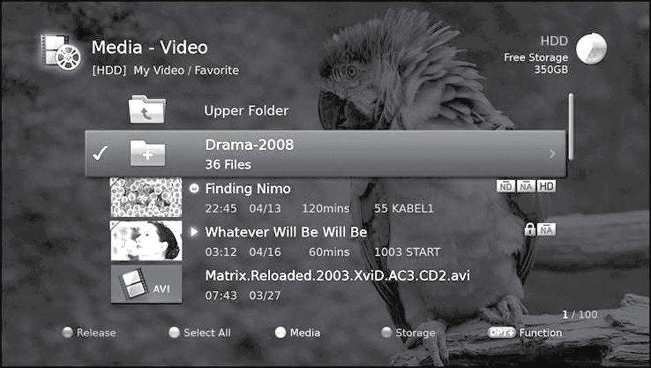 Media List Using Video List You can play TV/Radio recordings or XviD files from the built-in hard disk drive, the USB storage devices, or DLNA compliant devices.