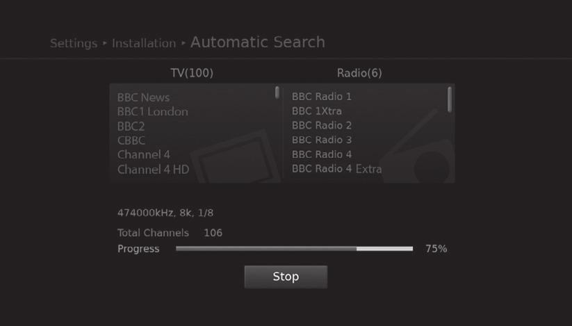 Installation Installation menu allows you to search the available TV and radio channels. Software update, antenna power and factory default setting are also available in this section.
