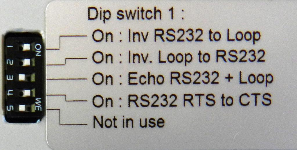 RS 232 communication Dip switch settings: Dip switch 1: Default: Dip 1, 2 and 4 is ON and 3 and 5 is off. Dip 1 and 2 inverts the signal levels on the current loop.