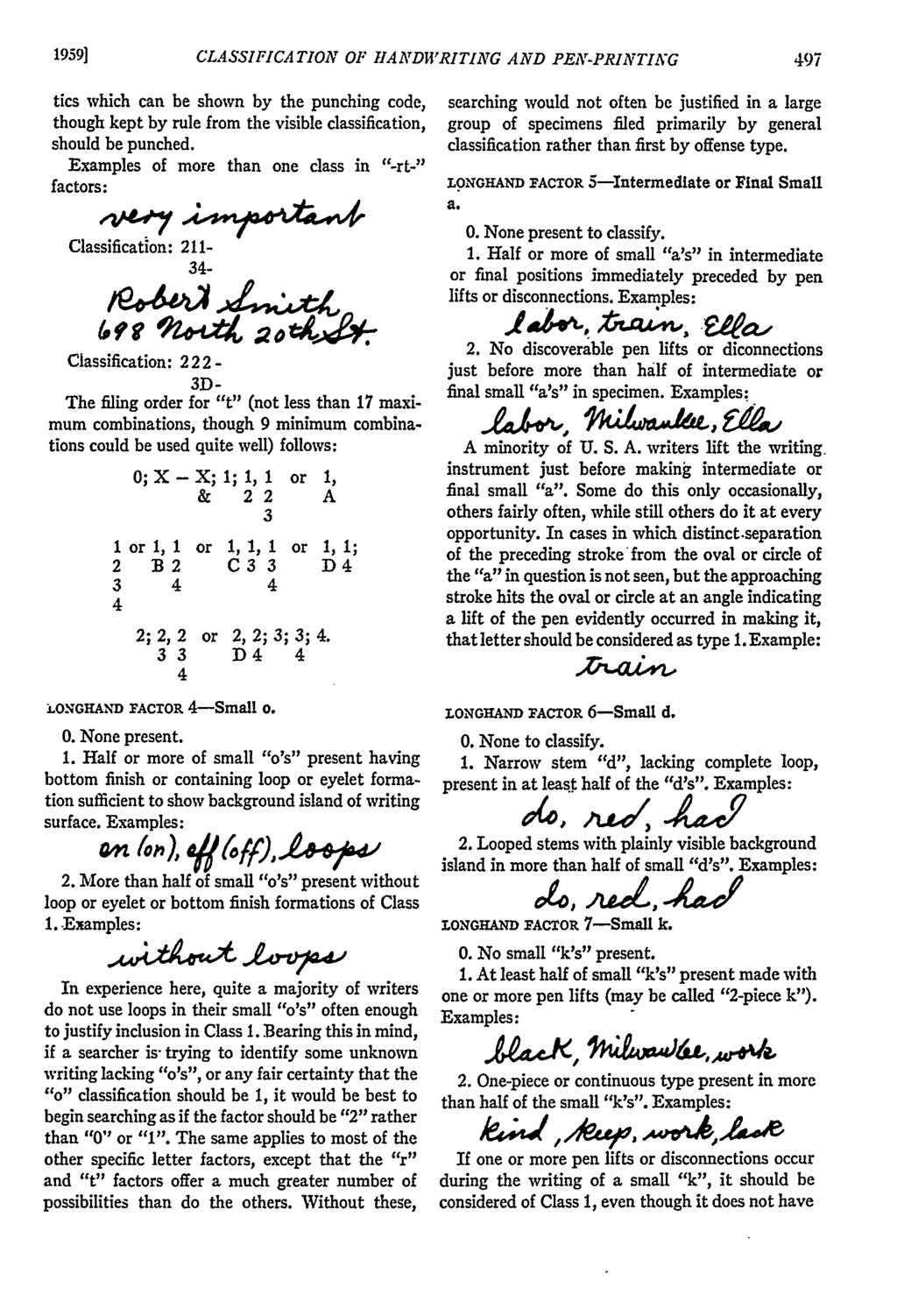 1959] CLASSIFICATION OF tandwriting AND PEN-PRINTING tics which can be shown by the punching code, though kept by rule from the visible classification, should be punched.