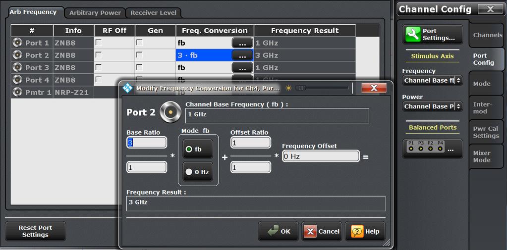 To measure a harmonic, the receiver port frequency is offset using the following menu, Channel Config Port Config Port Settings.
